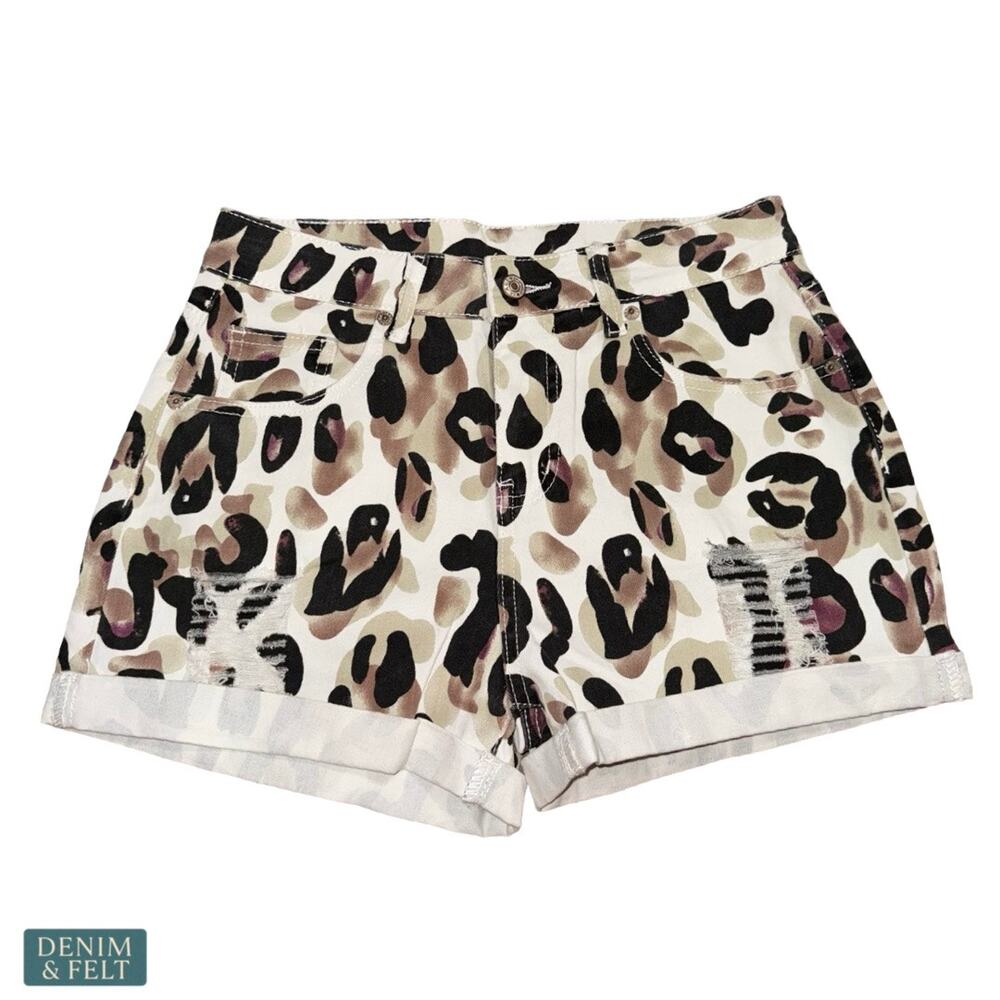 NEW CC Bella Leopard Print Denim Shorts High Rise Distressed Cuffed Summer Trend
